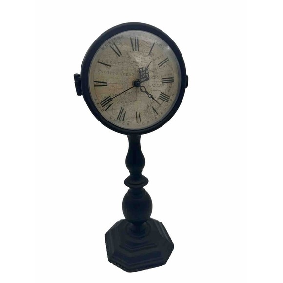 17 Inch Decorative Table Clock Pedestal Black Metal Roman Numeral Double Faced - Picture 6 of 7